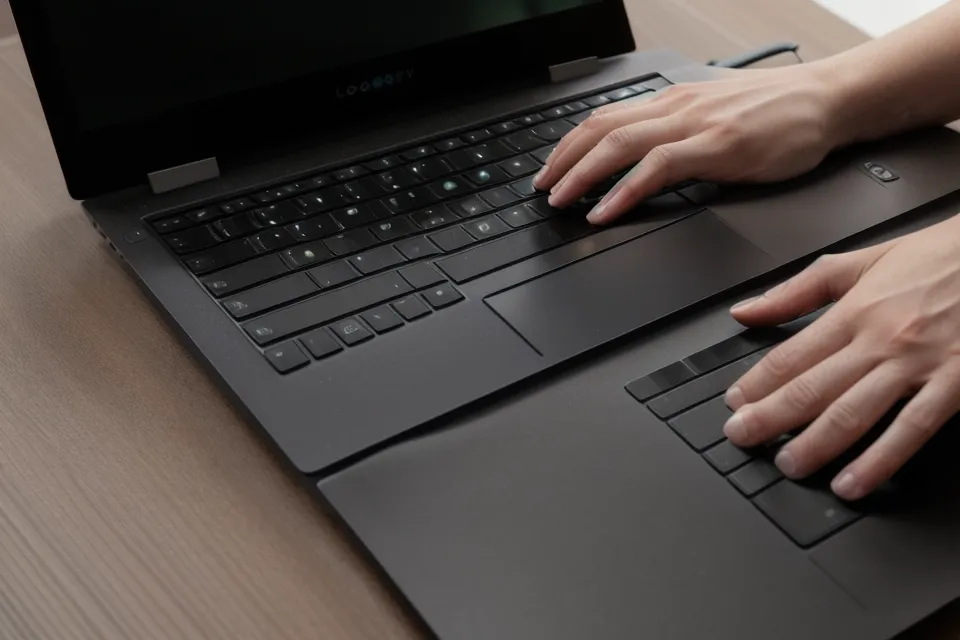 Hände am Laptop beim Einfügen des Calendly-Codes in Coachy.