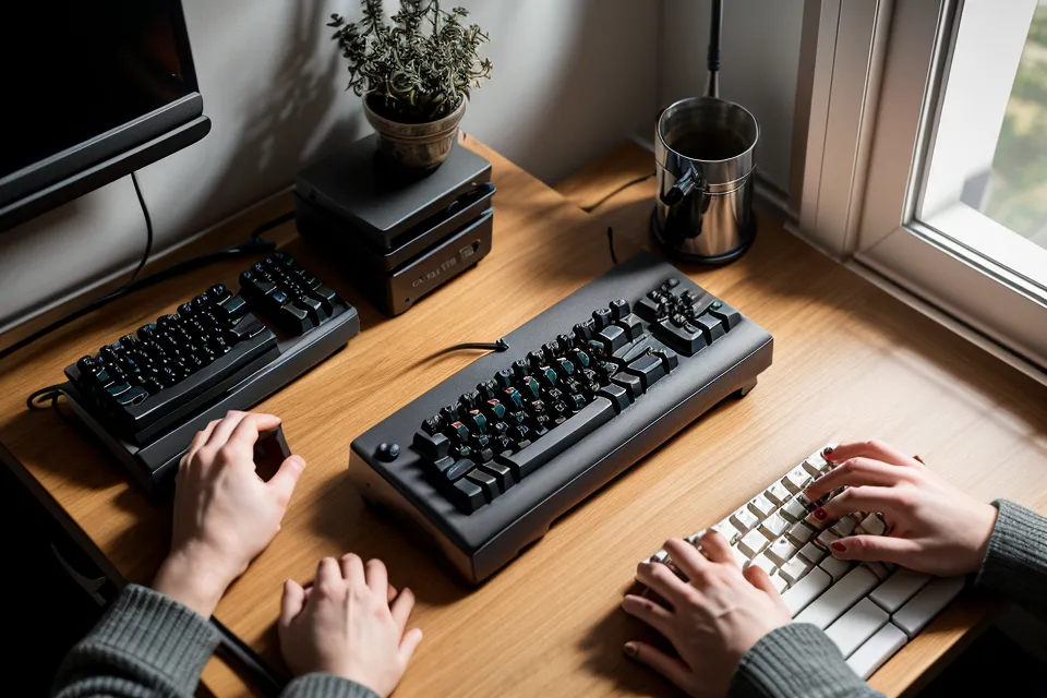 Hands typing on a keyboard next to a cup of tea on a wooden desk
