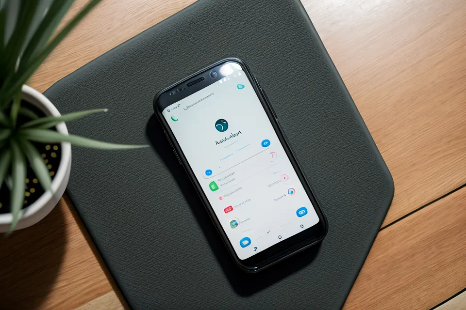 Smartphone auf Yogamatte zeigt Login-Bildschirm einer Online-Kurs-Plattform für Coaches