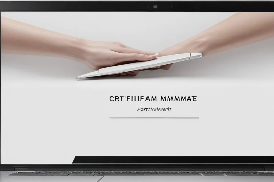 Nahaufnahme einer Zertifikatsvorlage auf einem Laptop-Bildschirm im DIN A4 Format.